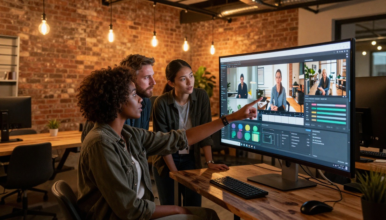 Diverse team collaborating on AI video project in open office
