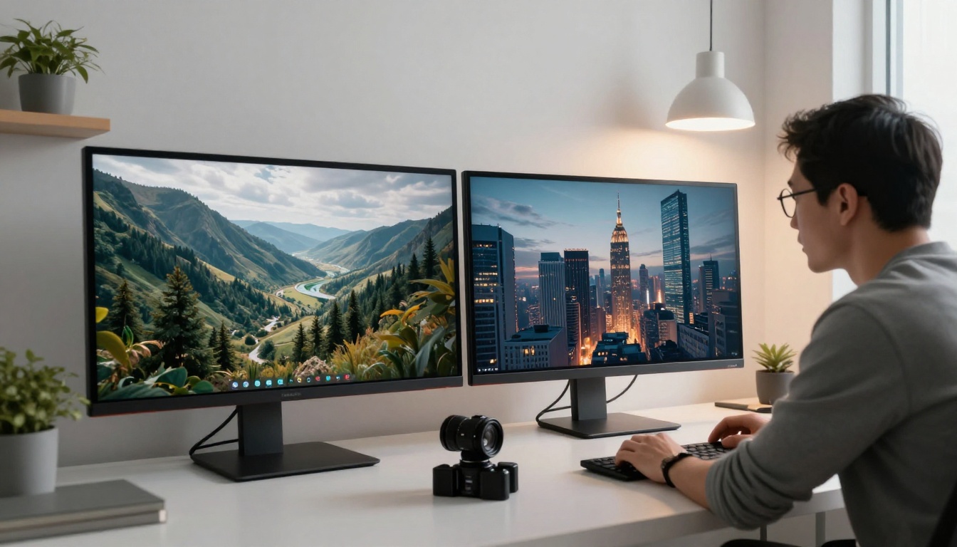 Two monitors side by side comparing AI-generated video output frames