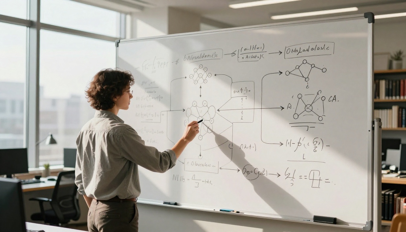 Researcher studying neural network architecture diagrams at a whiteboard