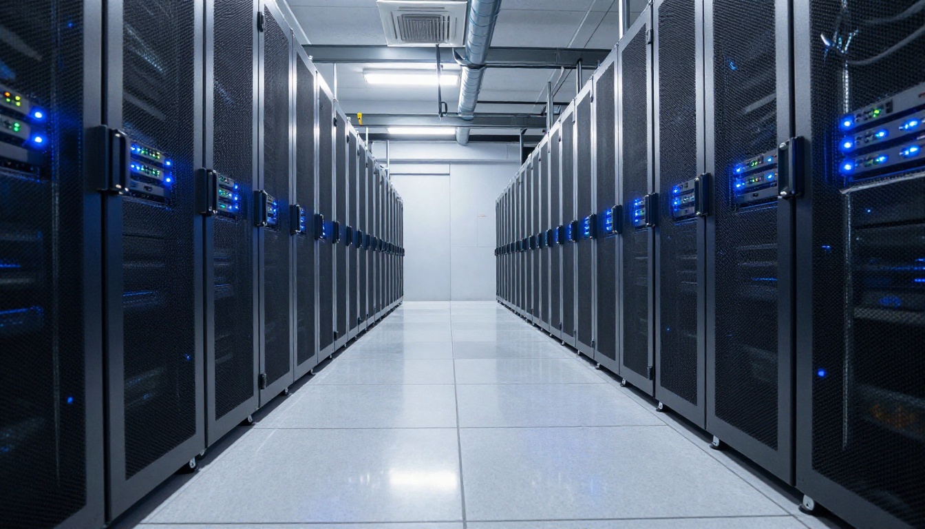 Professional data center with GPU computing racks for AI model training