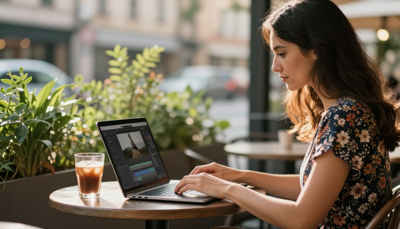 Woman working on laptop outdoors at a cafe terrace with video editing software open