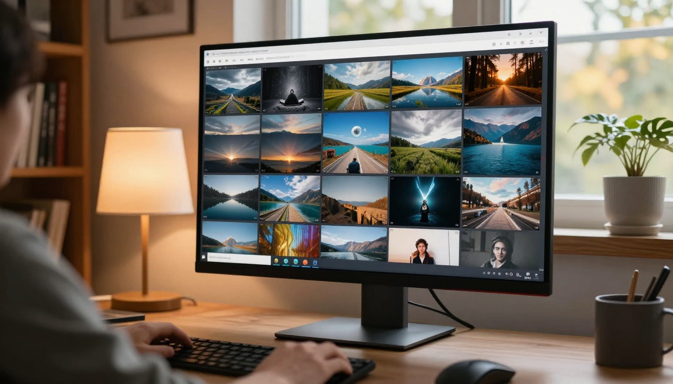 Monitor displaying a grid of AI-generated video thumbnails