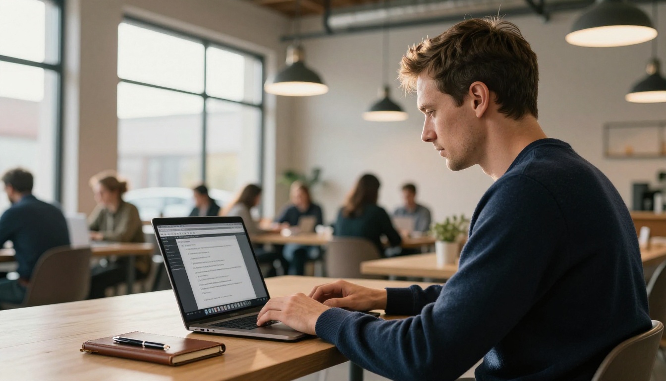 Man in modern coworking space using an AI video generation platform on his laptop