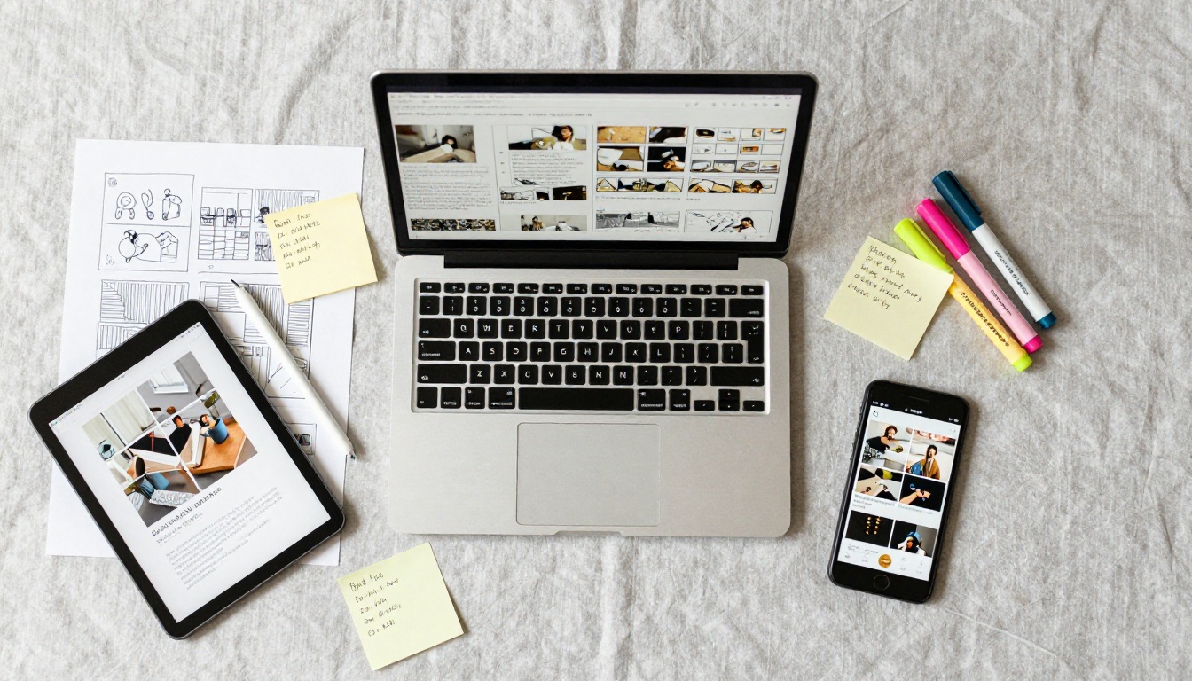 Creative workspace flat-lay with printed storyboards, tablets, and video editing tools