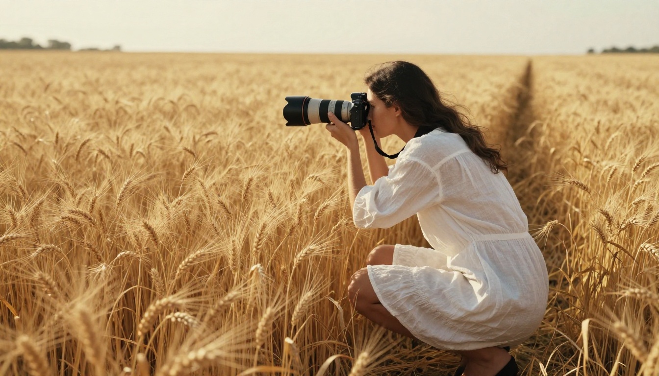 Fashion photographer shooting in golden wheat field Fashion photographer shooting in golden wheat field
