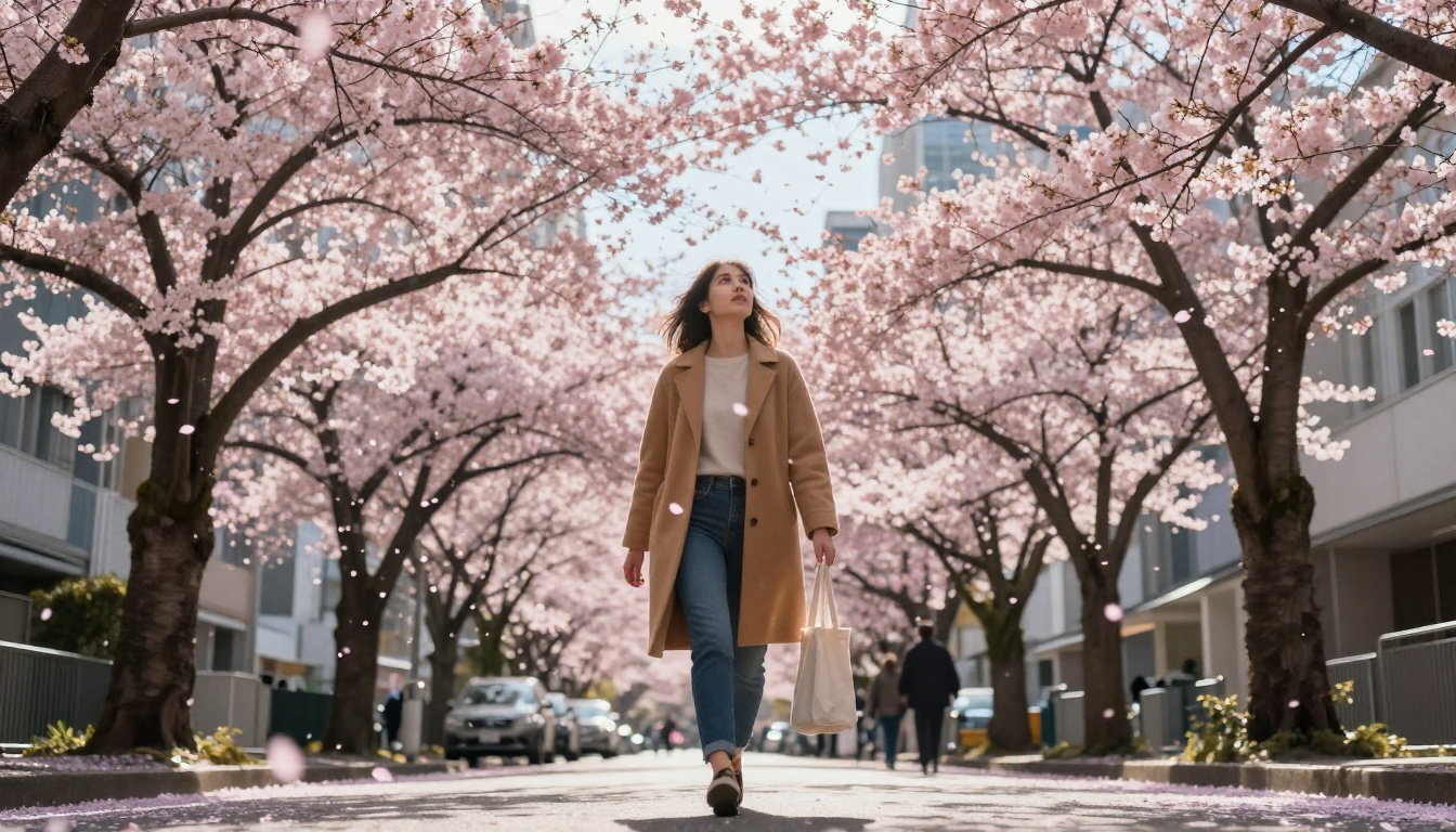 Woman walking through cherry blossom street scene