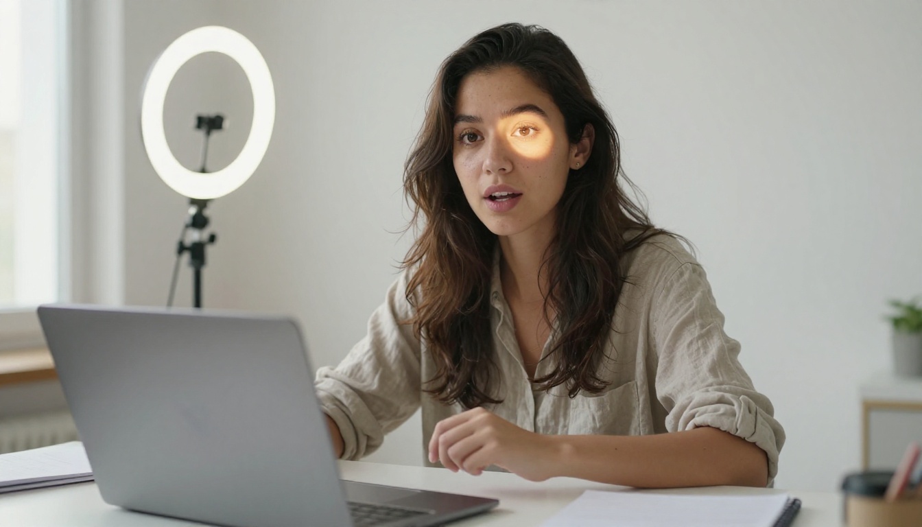 Content creator at white desk