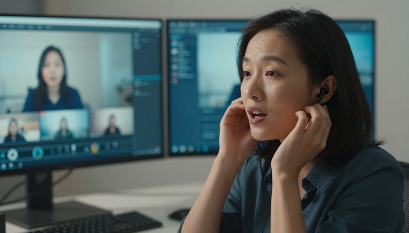 Professional woman dubbing video at desk