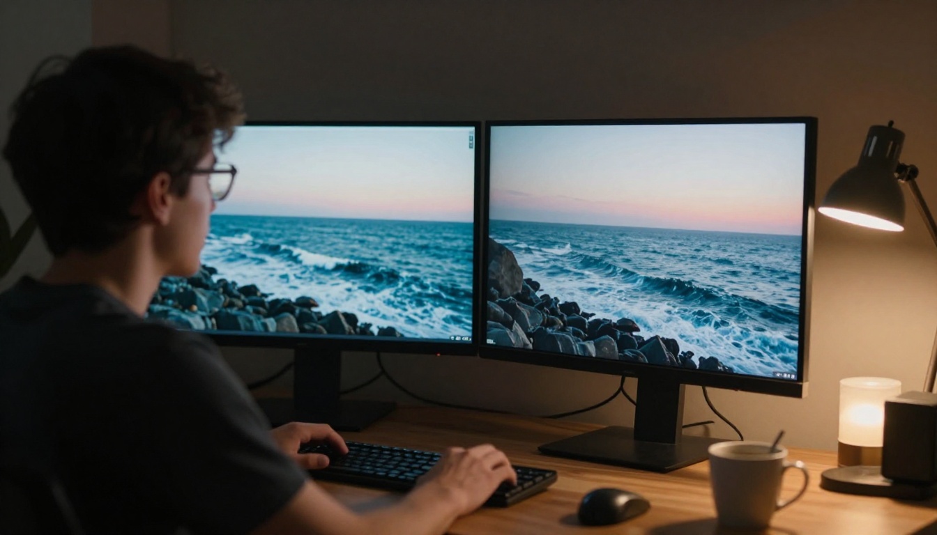 Film editor reviewing footage on multiple screens showing a coastal landscape transformation Film editor reviewing footage on multiple screens showing a coastal landscape transformation