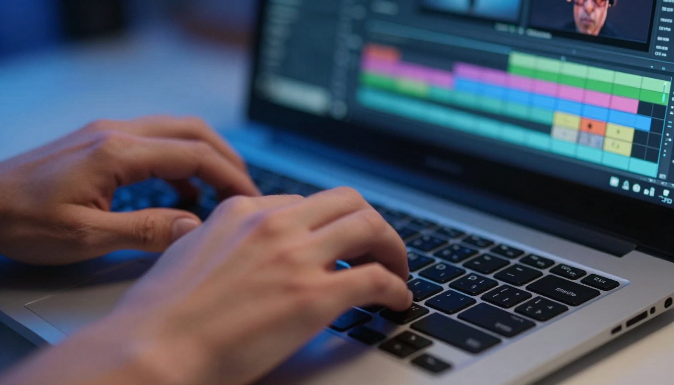 Close-up of hands typing prompts for AI video editing Close-up of hands typing prompts for AI video editing