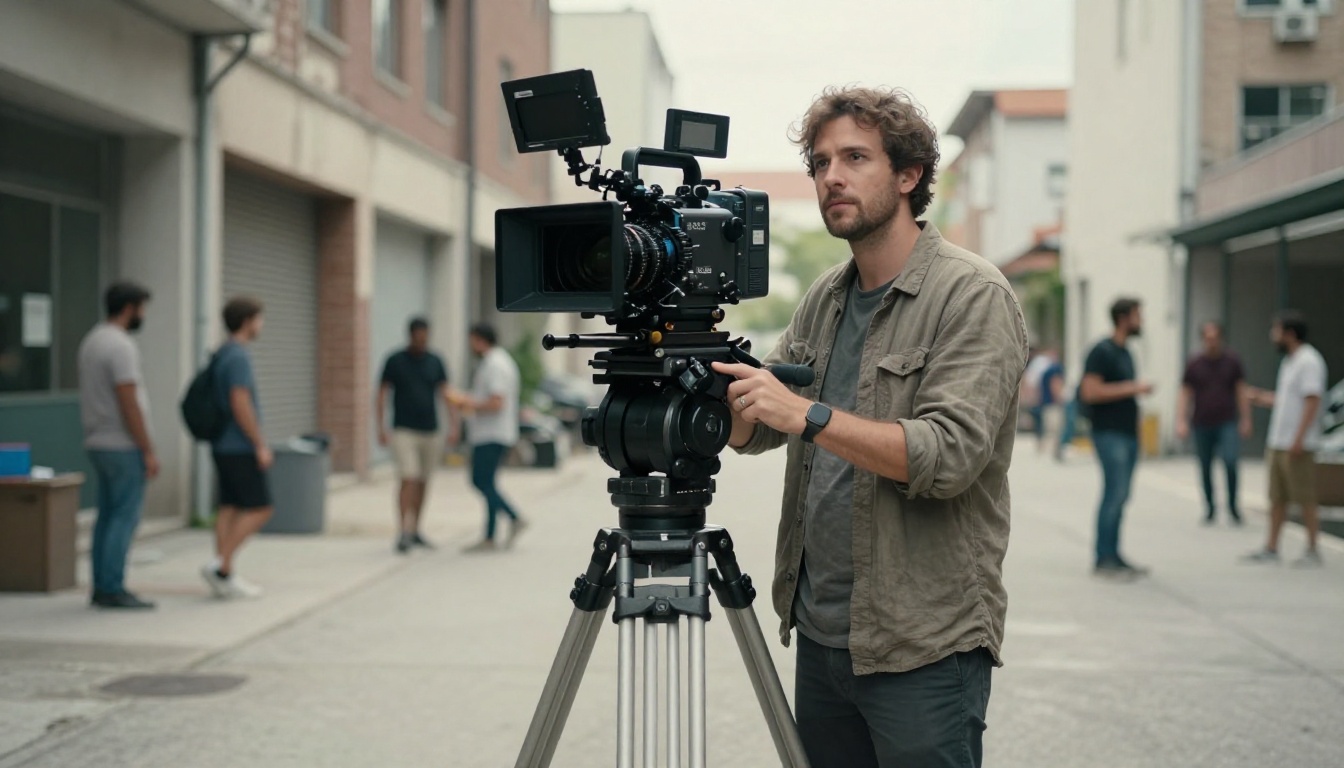 Cinematographer on film set with professional equipment Cinematographer on film set with professional equipment
