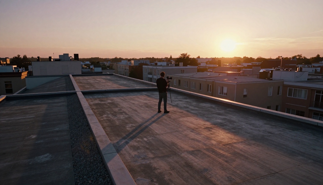 Aerial view of videographer on rooftop at golden hour Aerial view of videographer on rooftop at golden hour