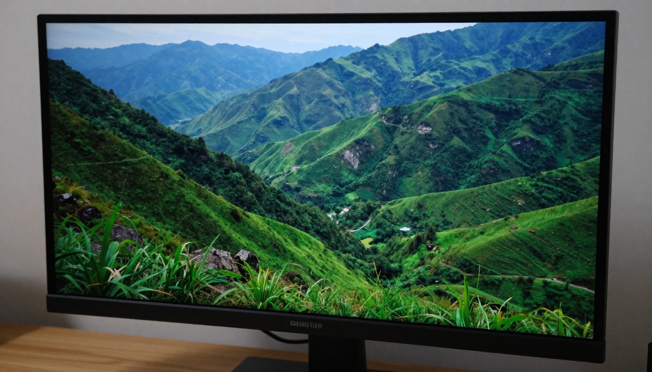 Monitor showing mountain valley video frame being edited