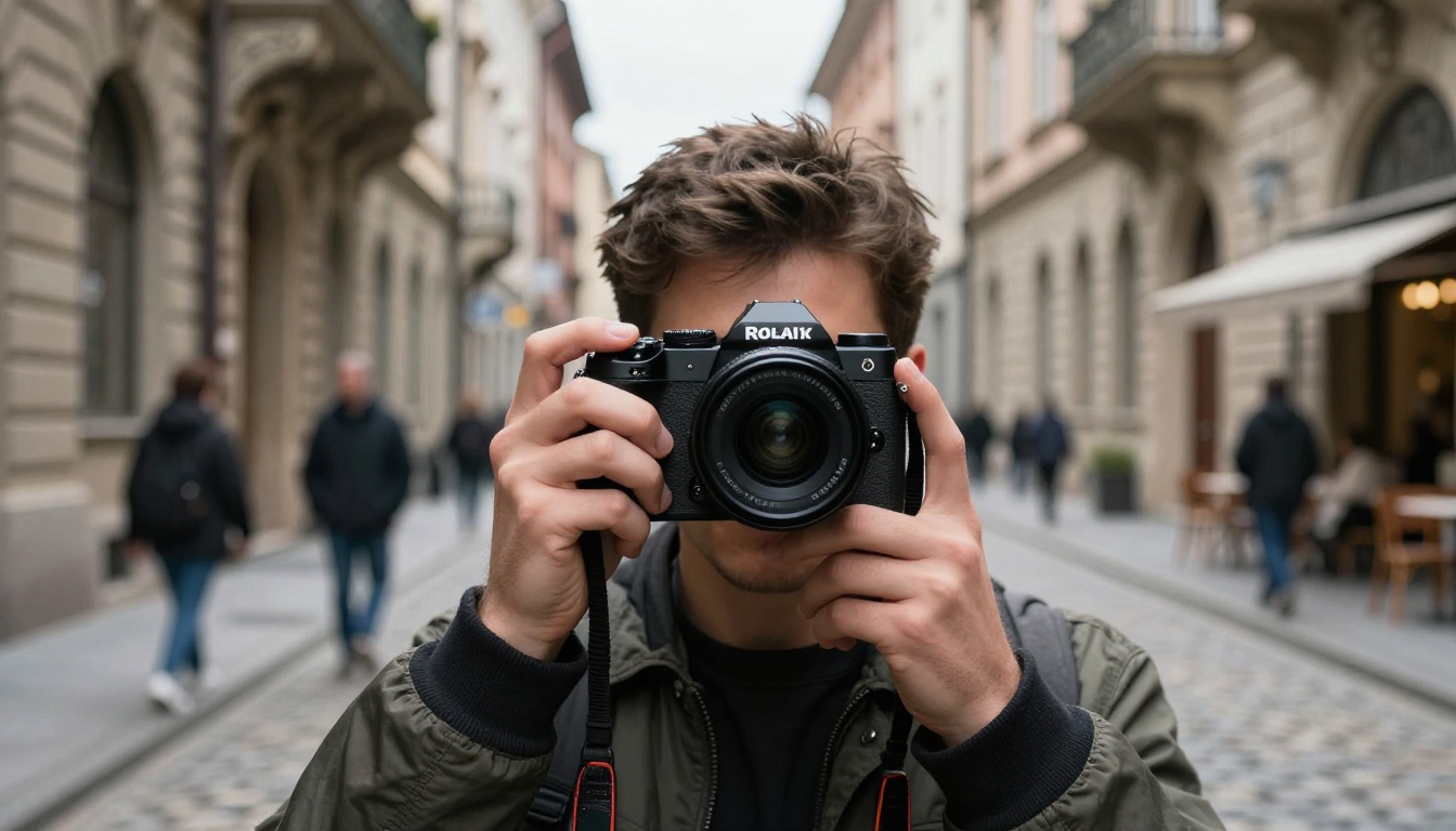 Young man filming on a cobblestone street with mirrorless camera