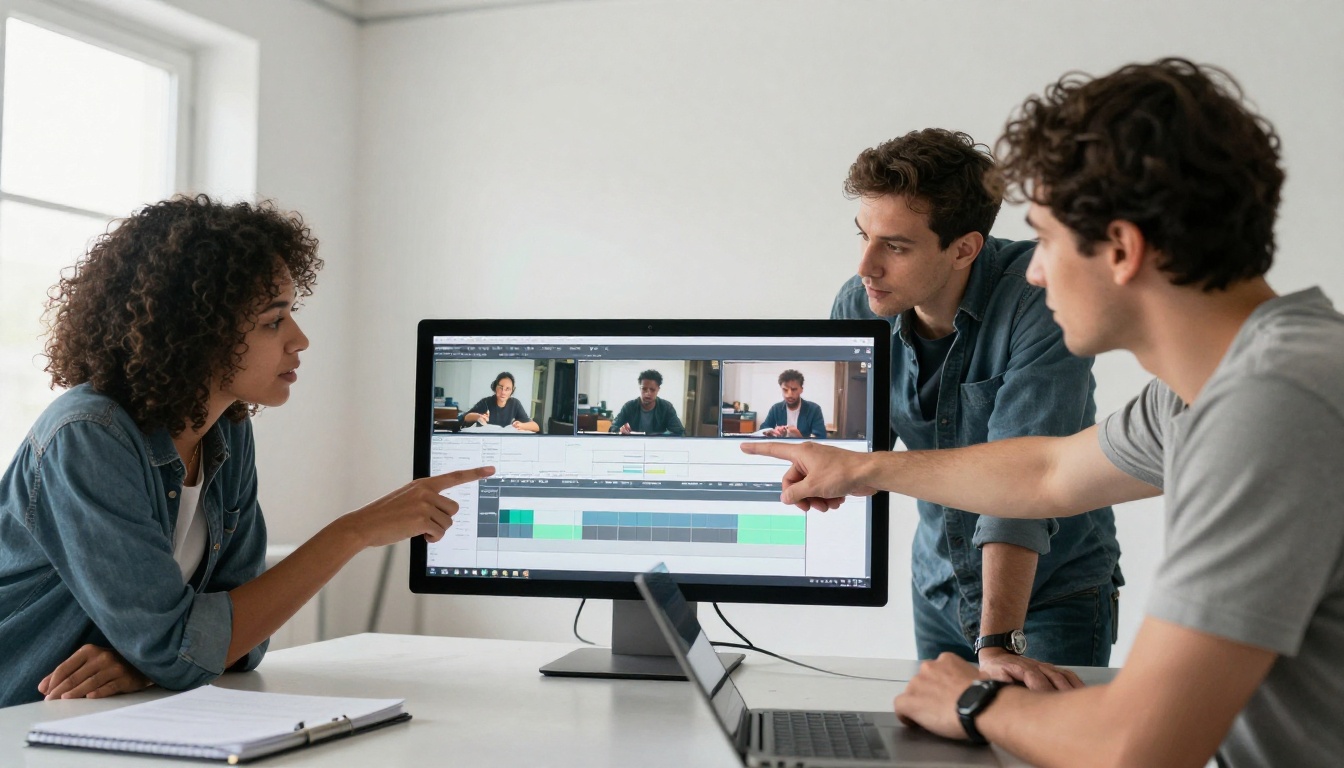 Three creative professionals collaborating on video project