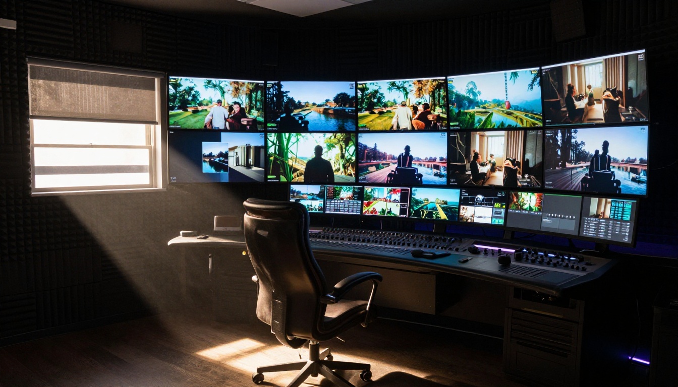 Professional broadcast editing suite with multiple screens and cinematic lighting
