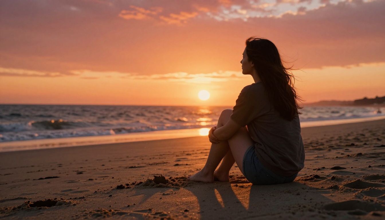 A woman at golden hour sunset on the beach, representing a cinematic last frame