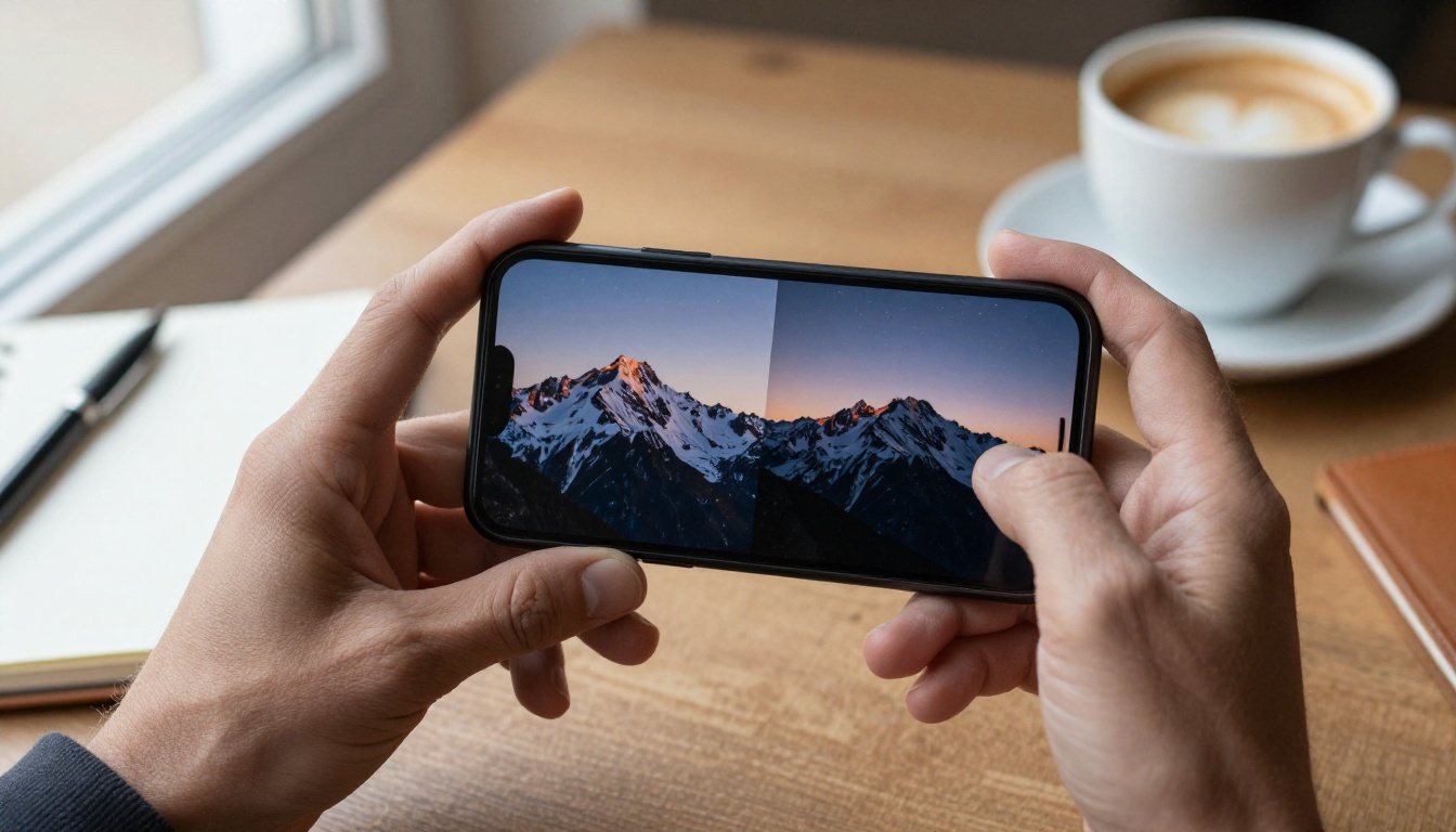 A creative director's hands holding a phone showing two reference frames side by side