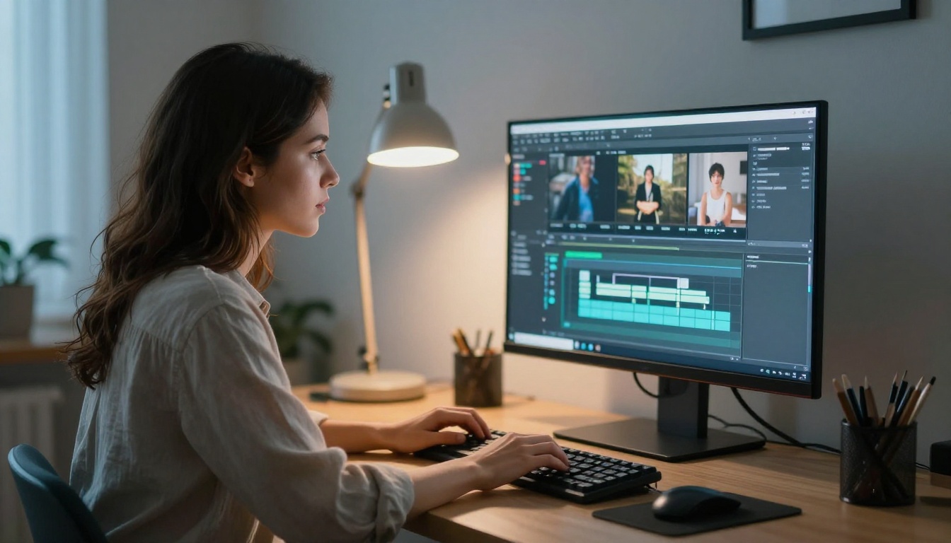 A content creator reviewing AI video frames at her studio desk