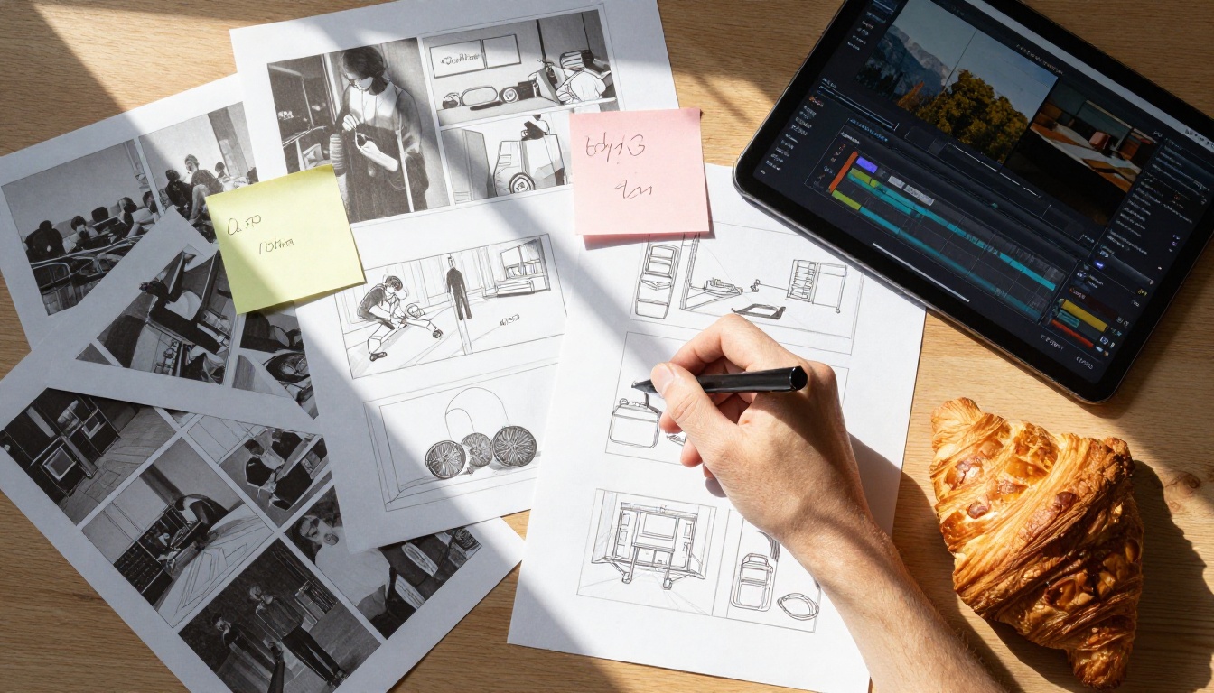 Overhead aerial shot of a filmmaker's storyboard workstation with video frame printouts