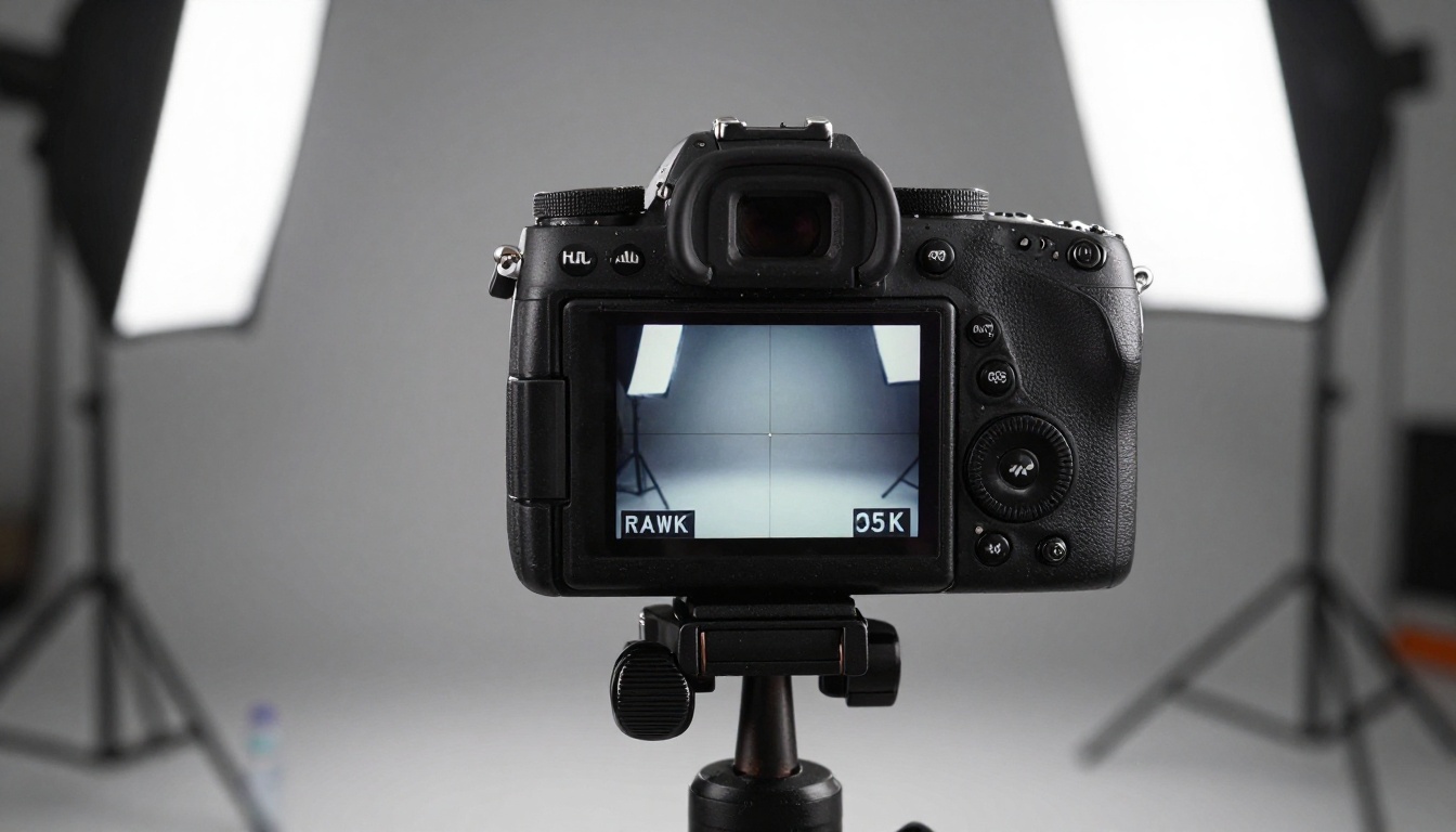 A professional camera on a tripod showing a split frame comparison on the LCD screen