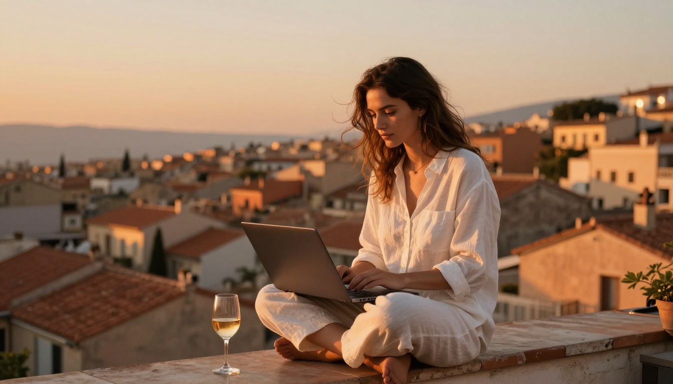 An influencer on a Mediterranean rooftop using a laptop to create AI video content
