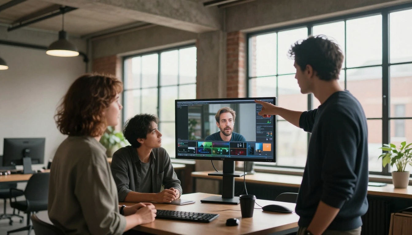A video production team reviewing footage on a wall-mounted monitor in a creative loft