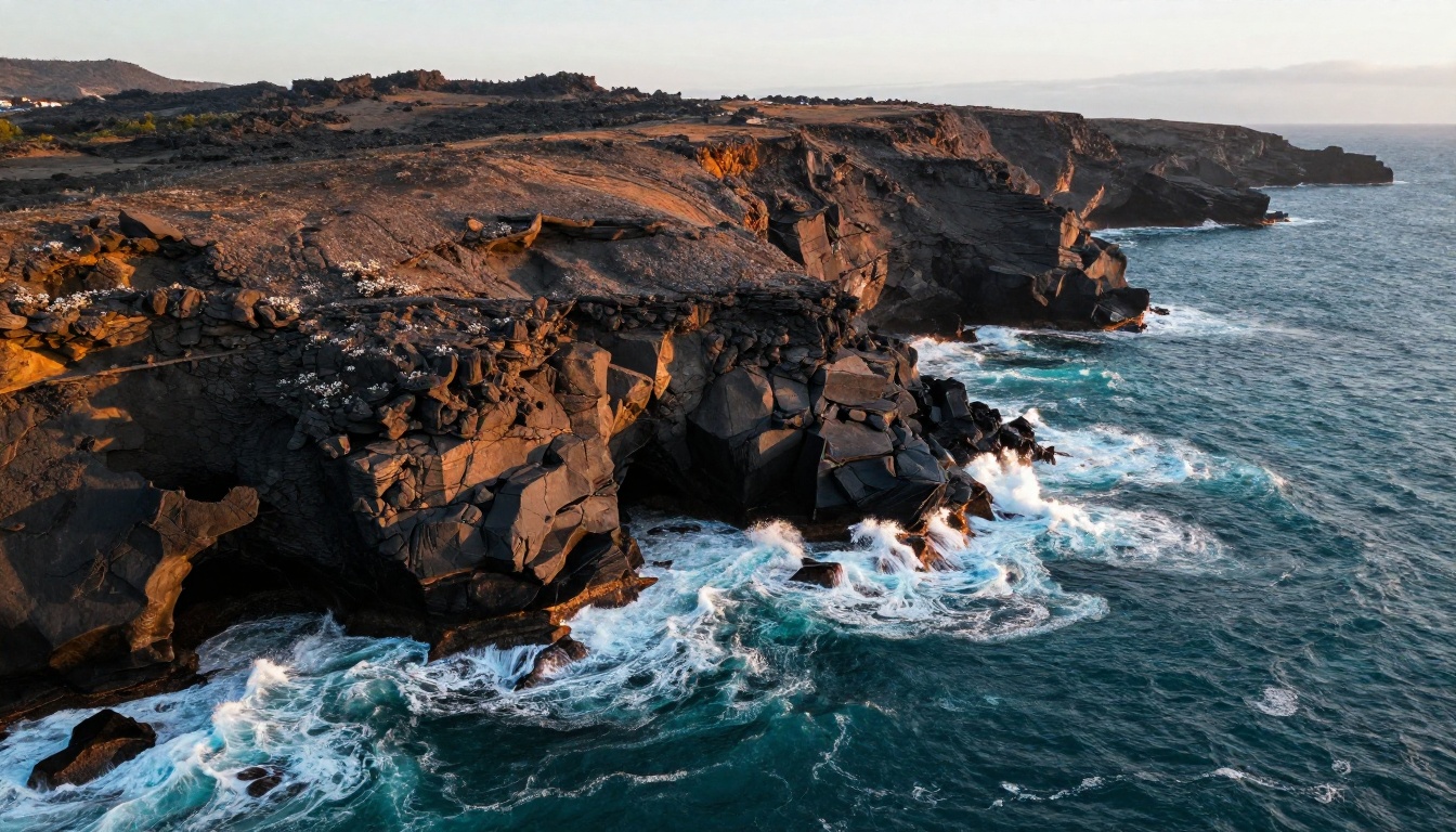 Aerial drone perspective of dramatic coastal cliffs with turquoise ocean waves crashing on volcanic rock