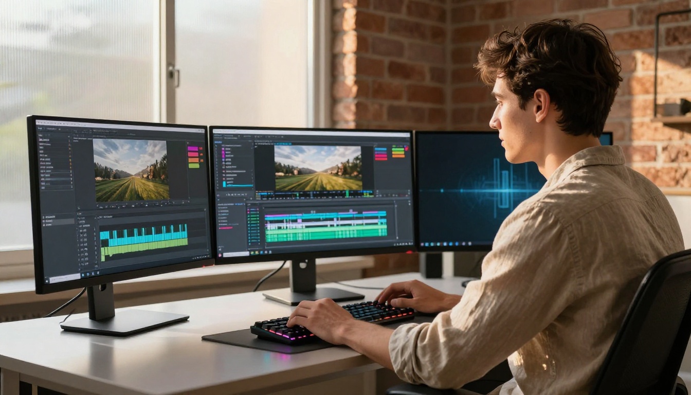 Content creator reviewing 4K footage on triple-monitor editing setup Content creator reviewing 4K footage on triple-monitor editing setup