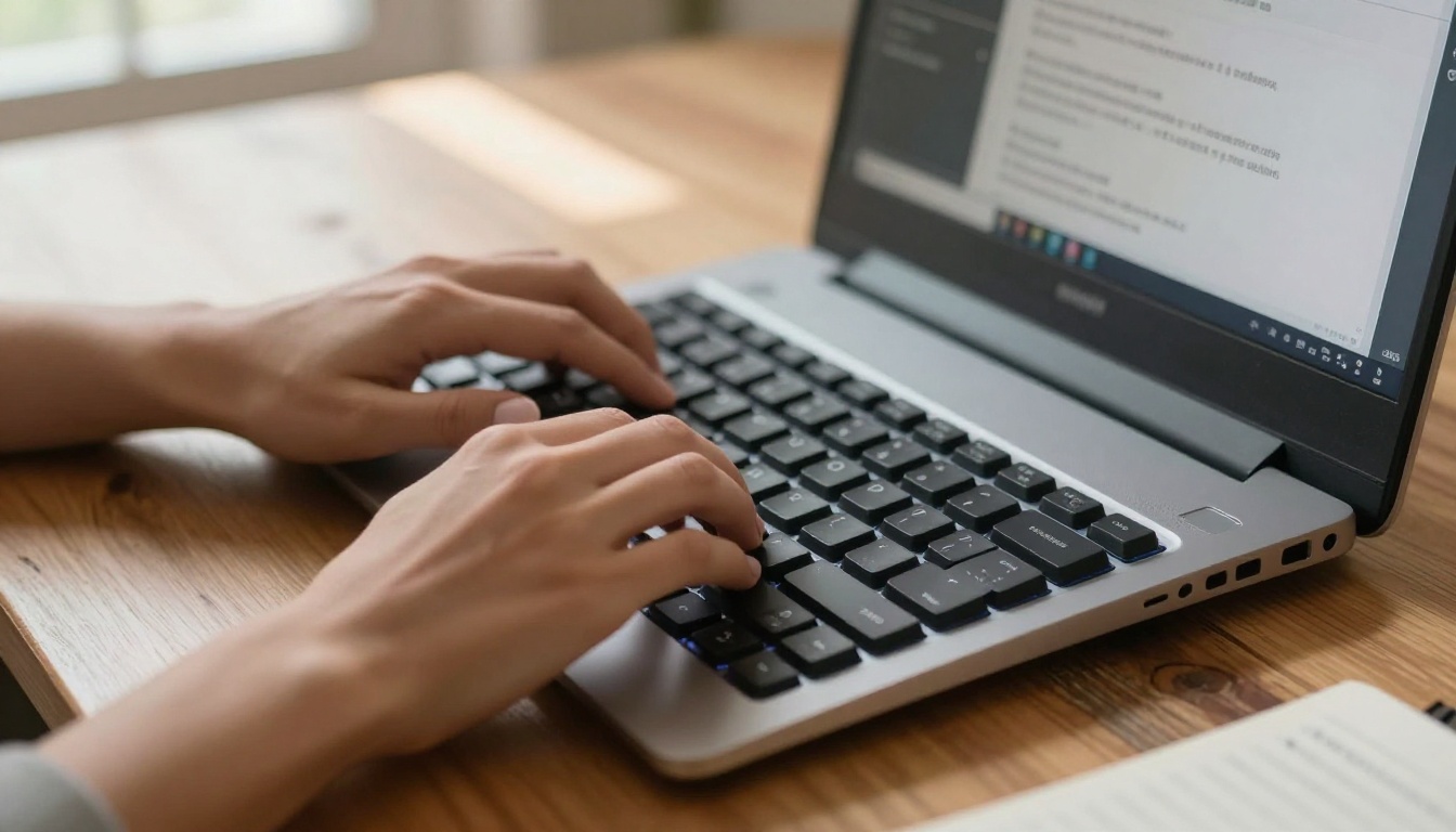 Professional hands typing a video generation prompt on a backlit mechanical keyboard Professional hands typing a video generation prompt on a backlit mechanical keyboard