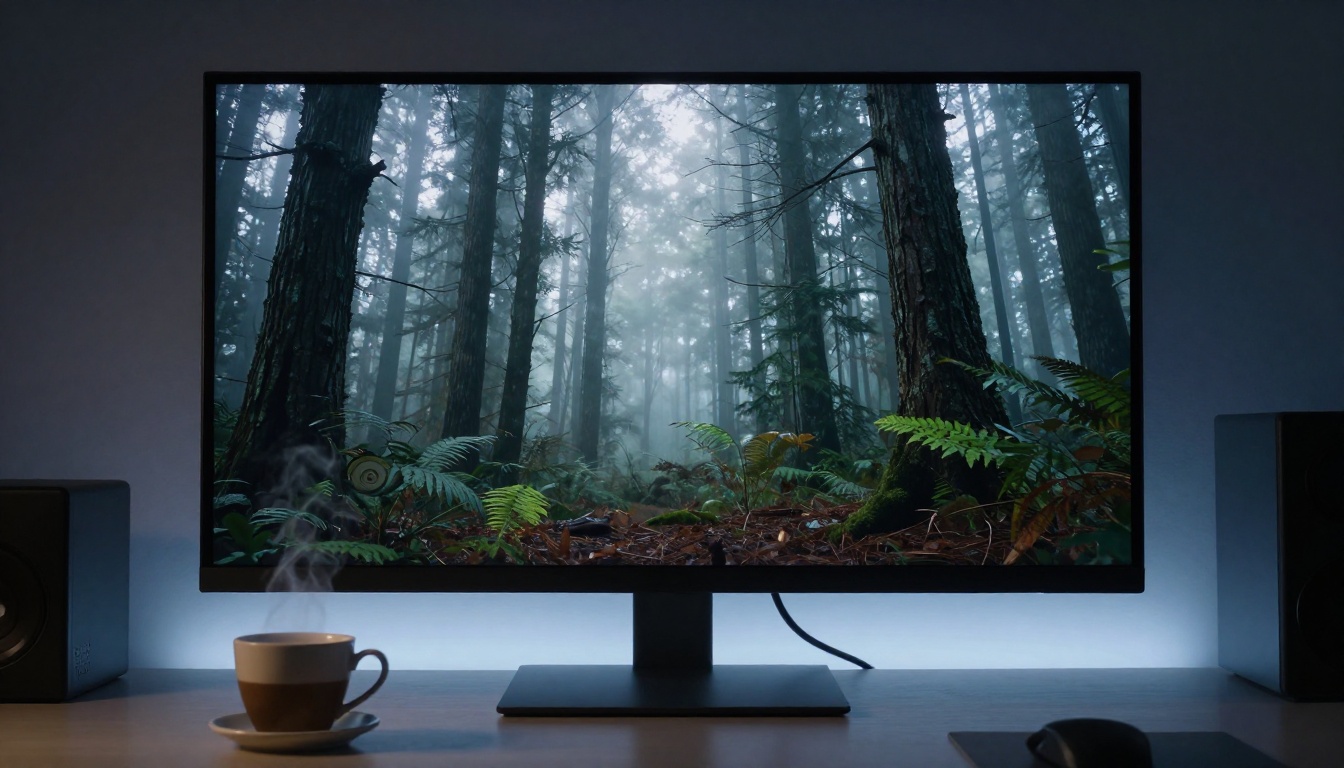 Large 4K widescreen monitor displaying cinematic forest footage, viewed from dramatic low angle
