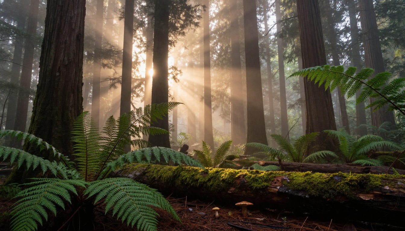 Ancient redwood forest with volumetric morning light rays cutting through fog-filled canopy Ancient redwood forest with volumetric morning light rays cutting through fog-filled canopy