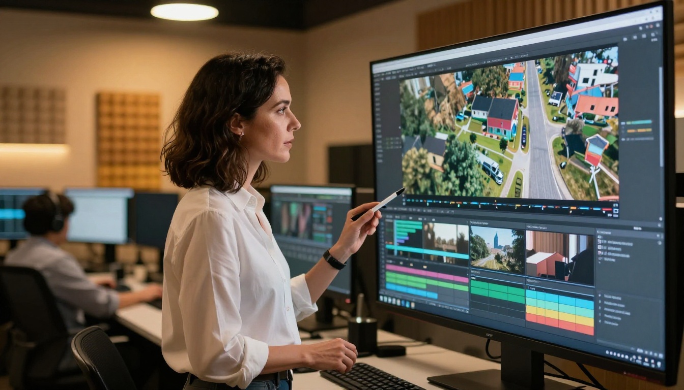 Professional female director reviewing 4K color-graded footage in modern post-production studio Professional female director reviewing 4K color-graded footage in modern post-production studio