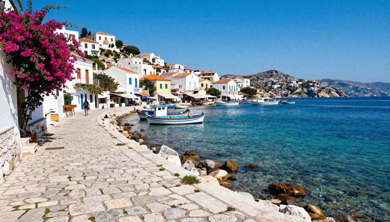 Sun-drenched Mediterranean coastal village with whitewashed buildings and turquoise harbor water