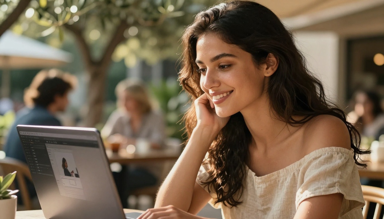 Young woman at sunlit outdoor cafe experiencing delight while reviewing AI-generated video results on laptop