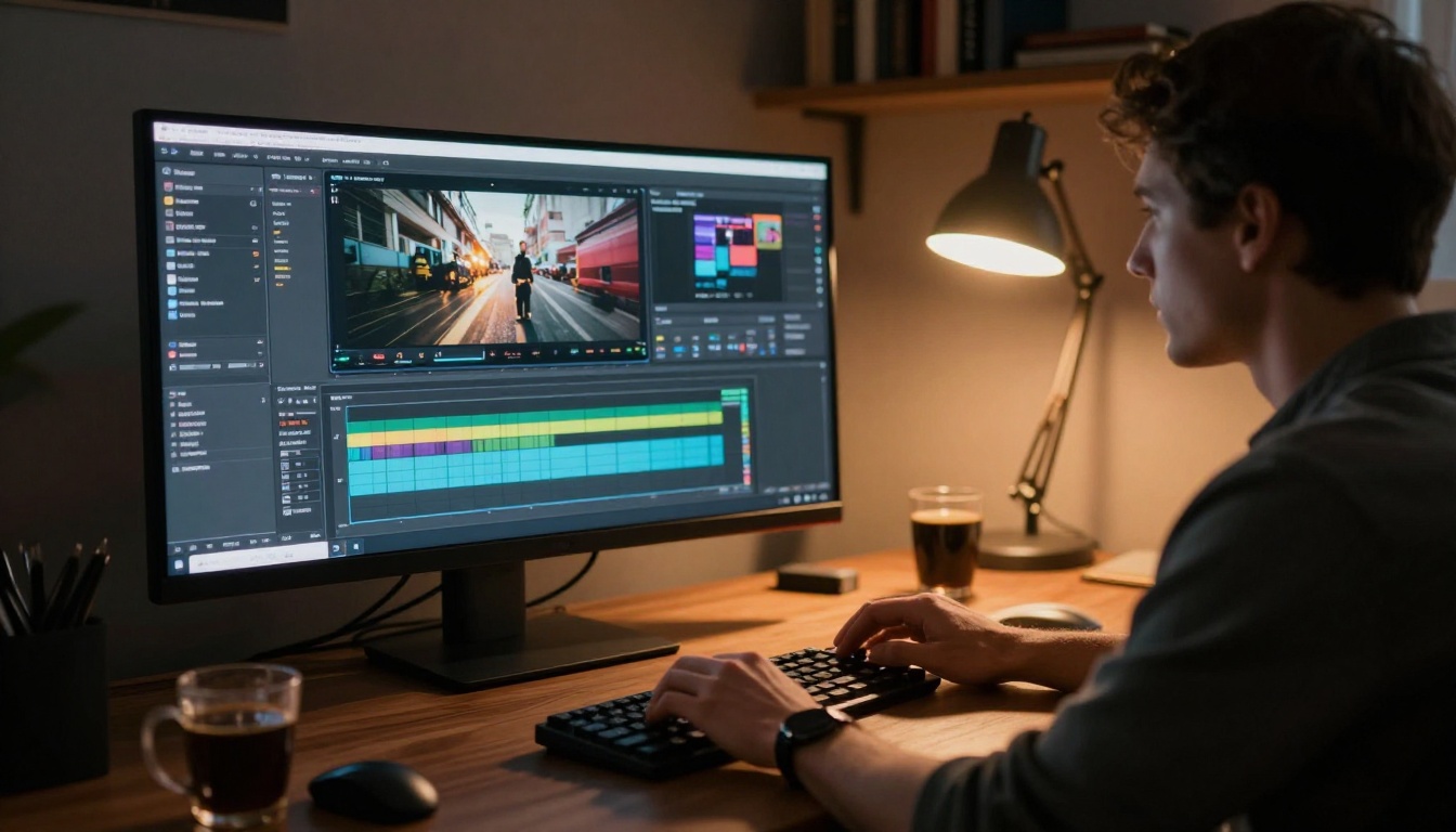 Creative professional editing cinematic video at night