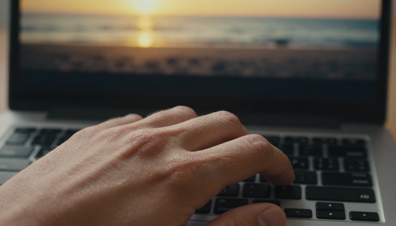 Hands typing on keyboard with cinematic video on screen