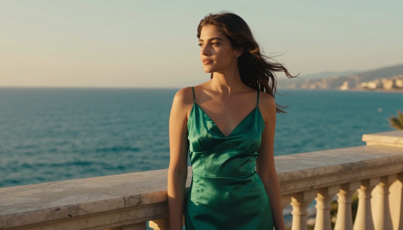 Glamorous woman in silk gown on marble balcony at golden hour