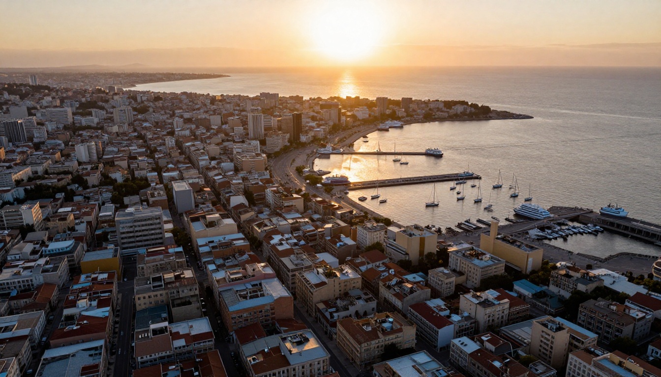 Aerial view of coastal city at sunset