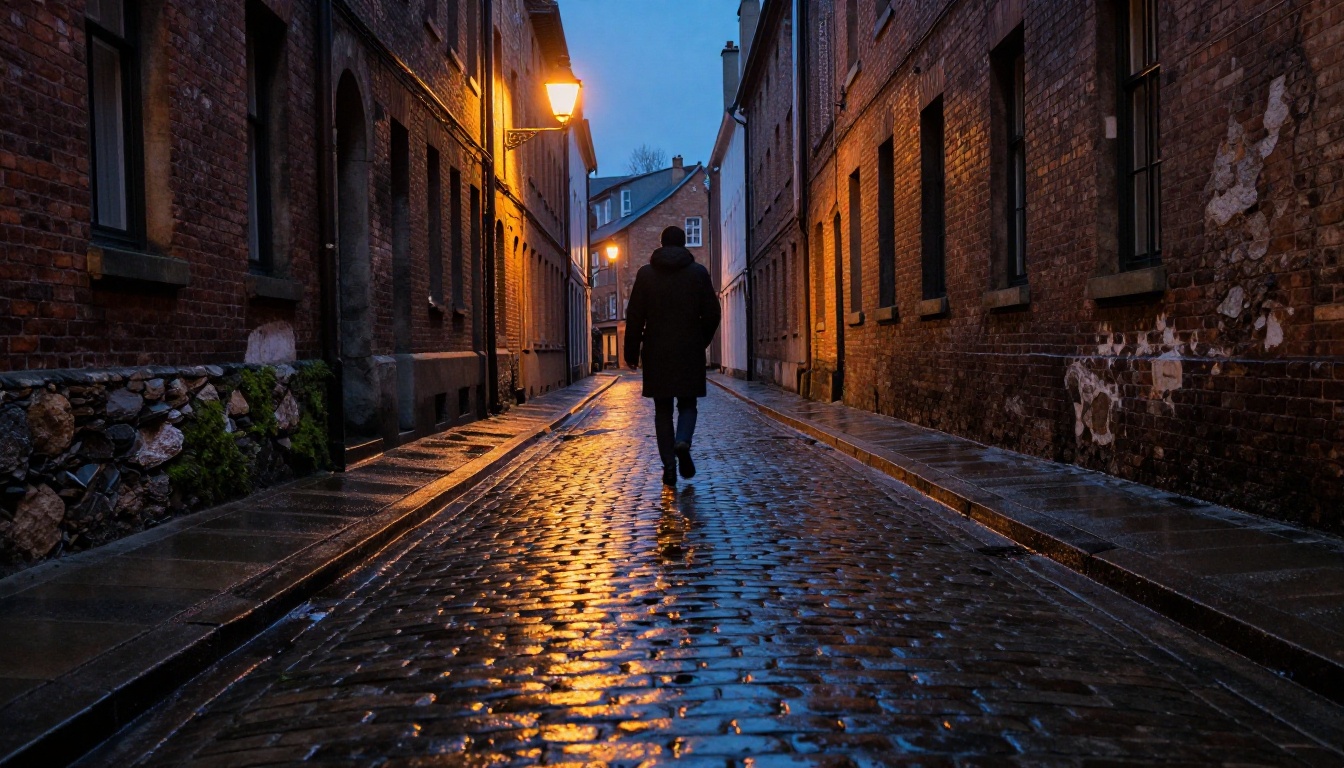 Wet cobblestone alley at dusk with atmospheric lantern light