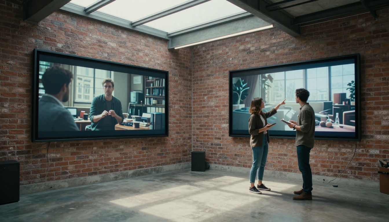 Two professionals reviewing cinematic footage on studio display