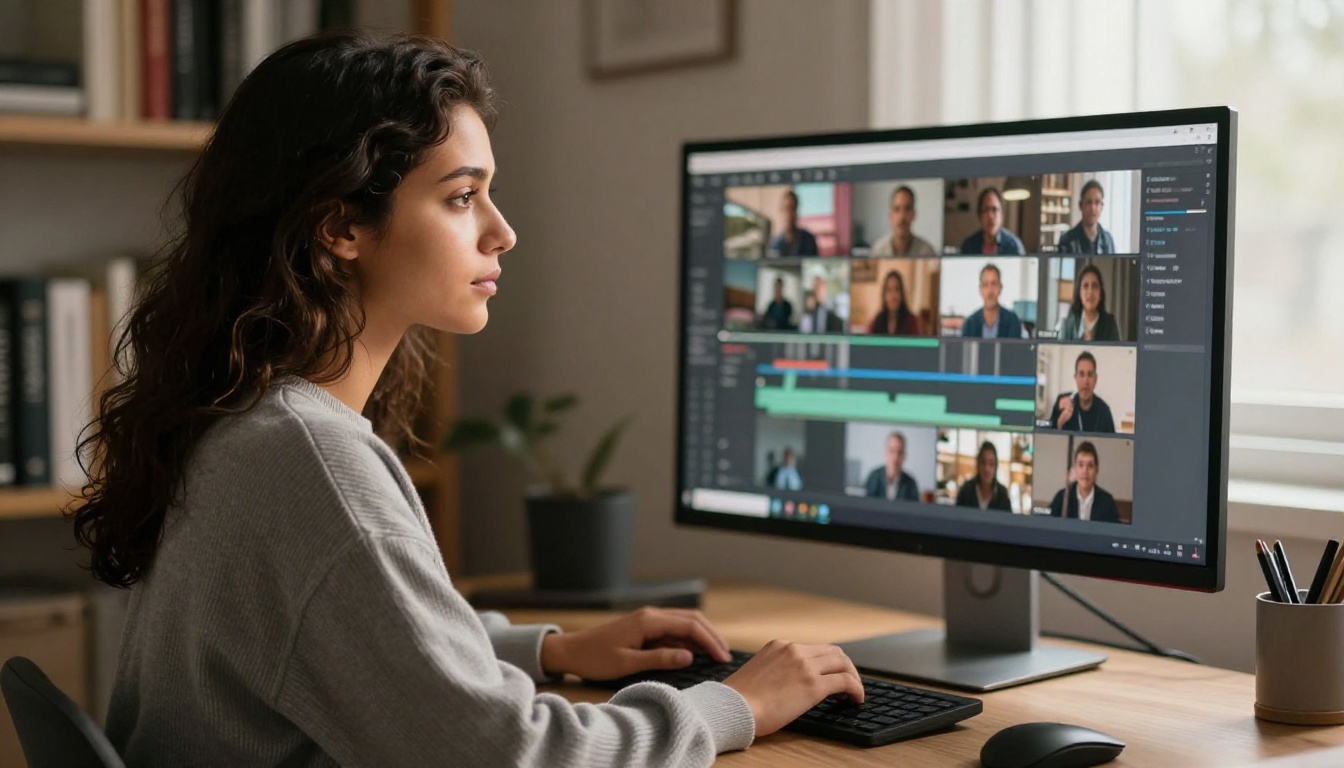 Woman editing video at desk with large monitor