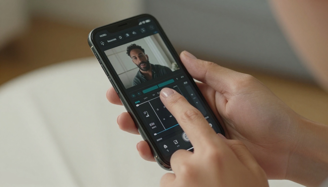 Fingers tapping video editing app on smartphone screen