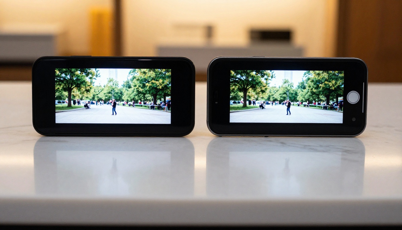 Before and after video comparison on two phones on marble countertop