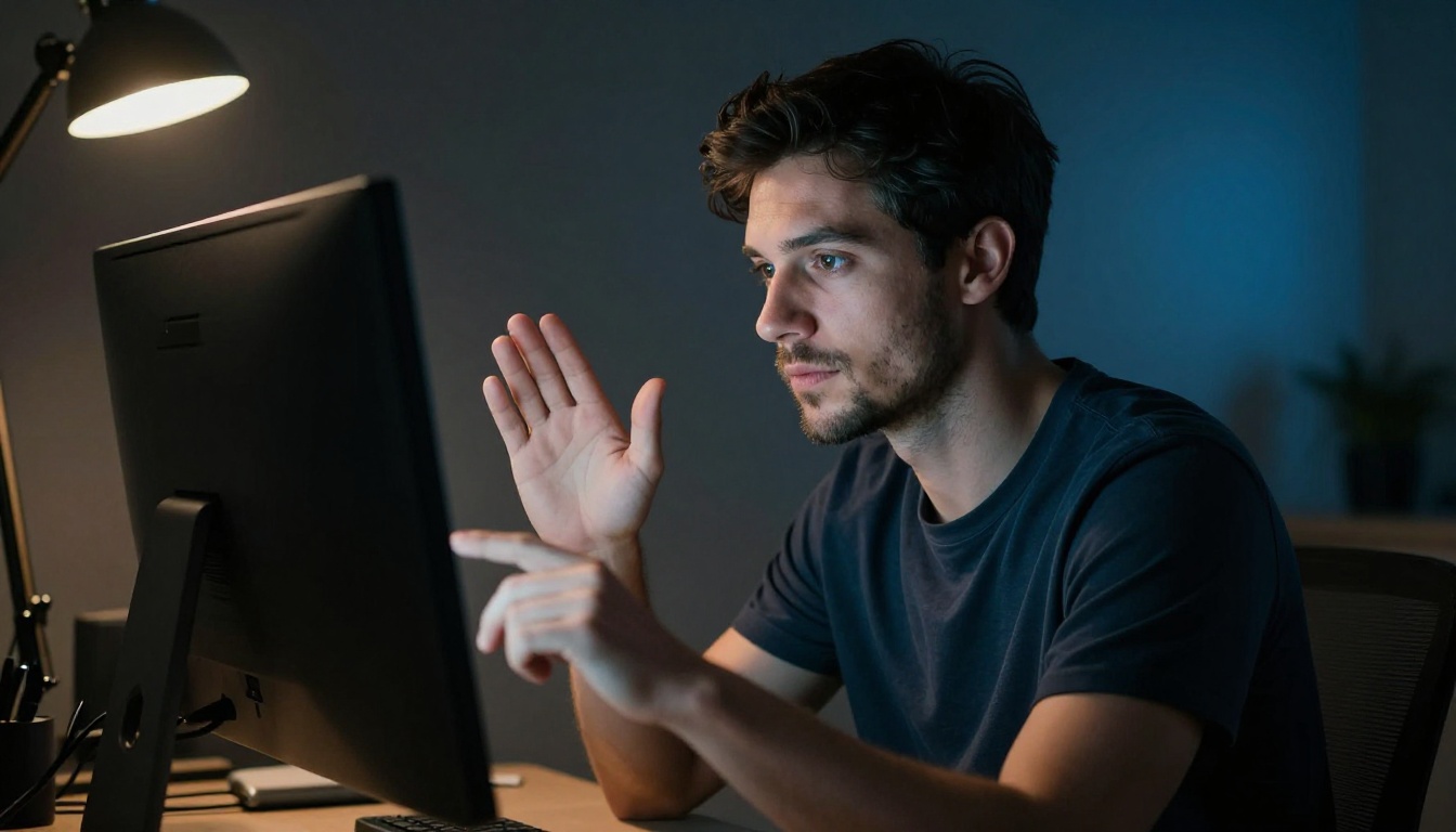 Male professional reviewing footage at monitor with dramatic practical lighting
