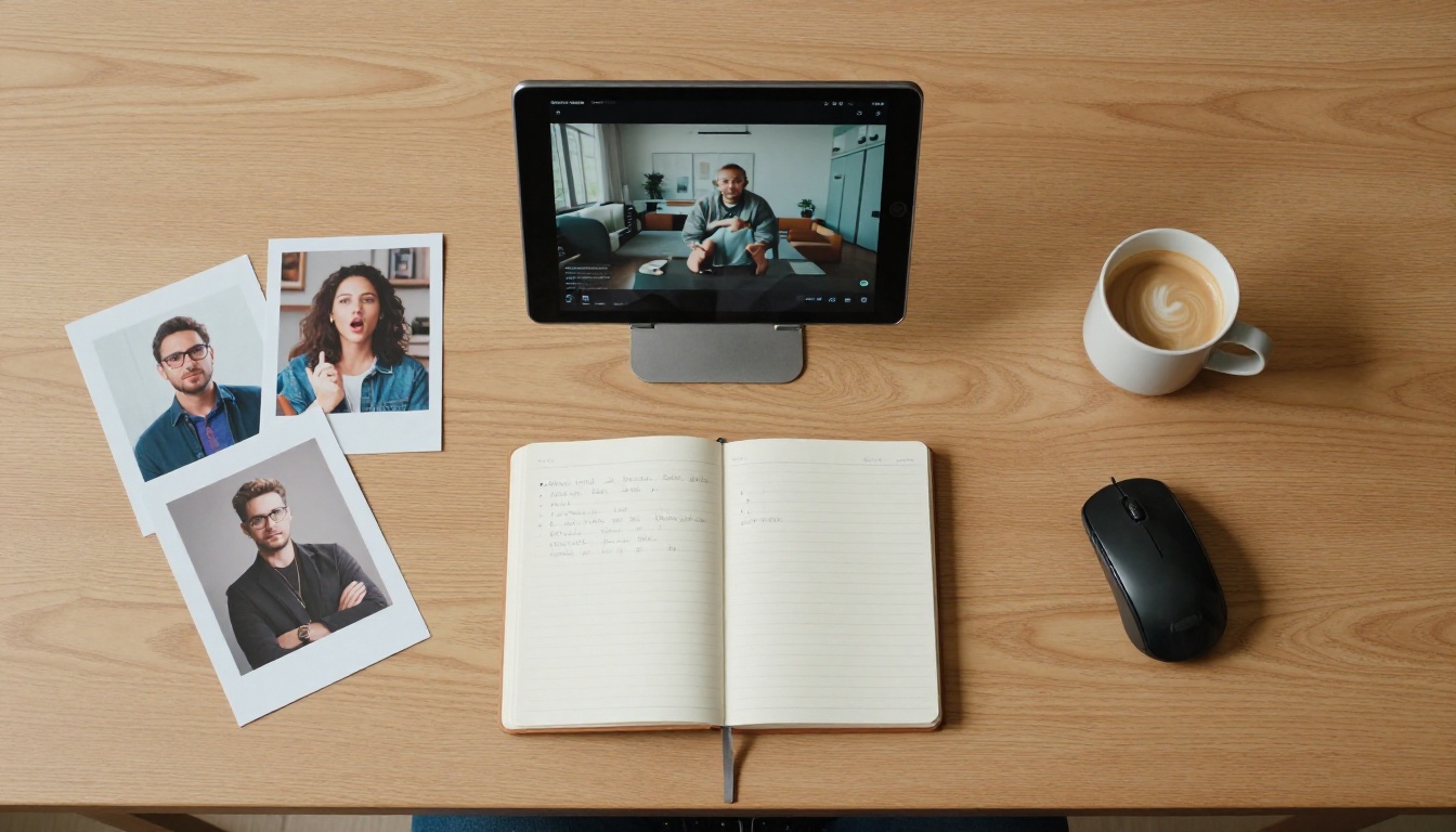 Overhead flat-lay of desk with tablet, notebook, and reference photos for video workflow