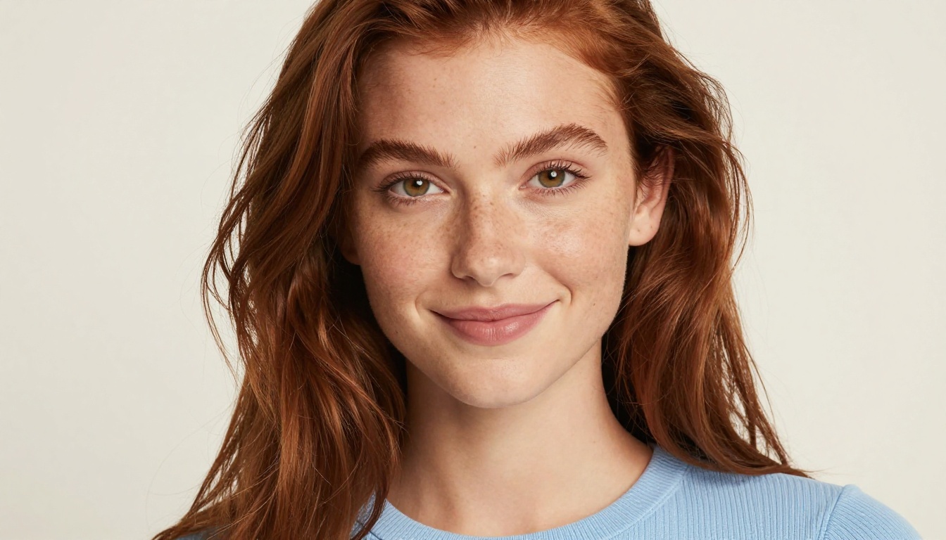 Portrait of woman with auburn hair as character reference example