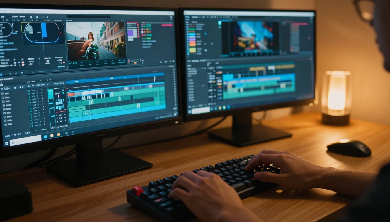 Hands typing at dual monitor video editing workstation with amber and blue lighting