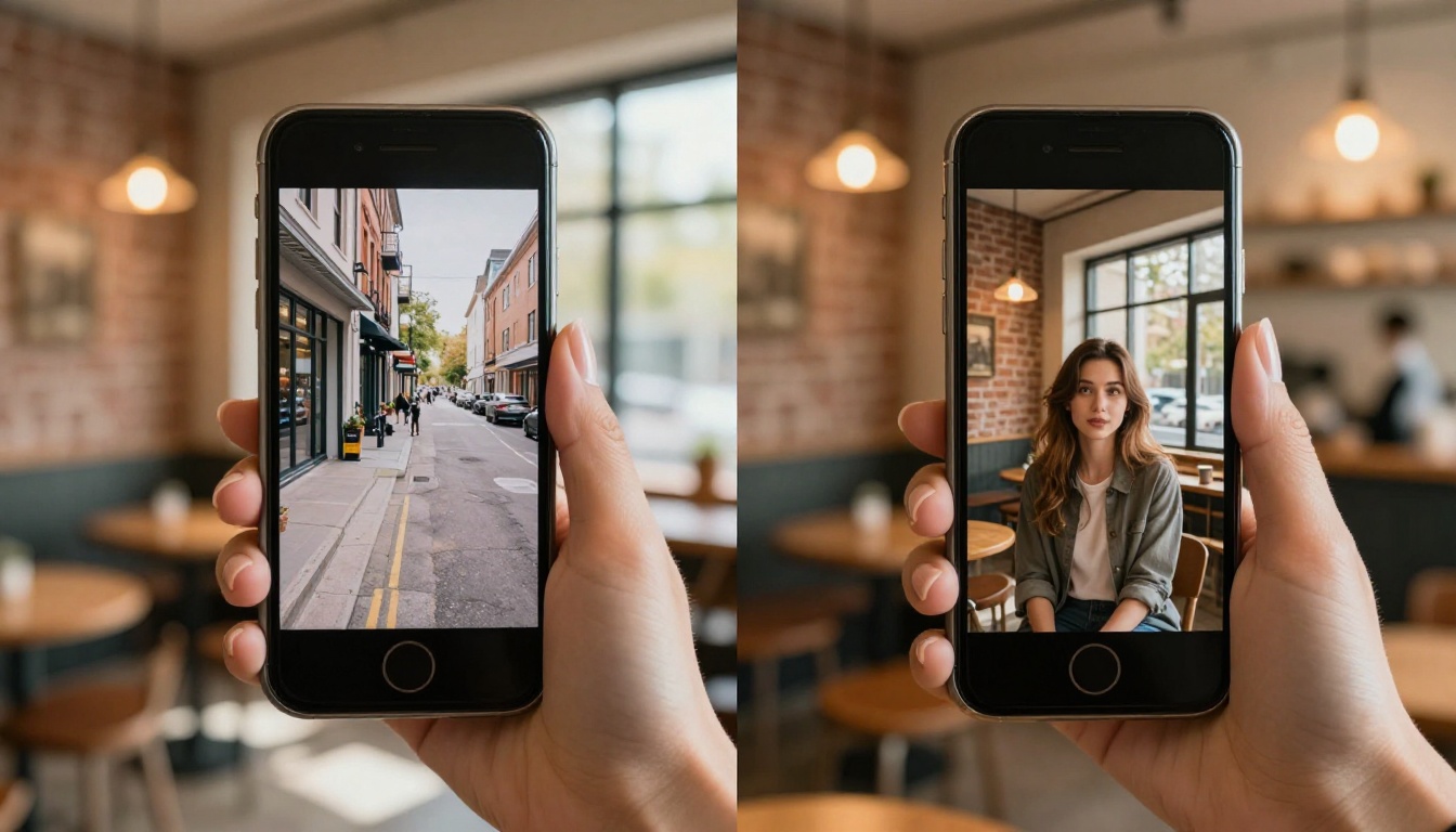 Smartphone showing video character comparison held in coffee shop
