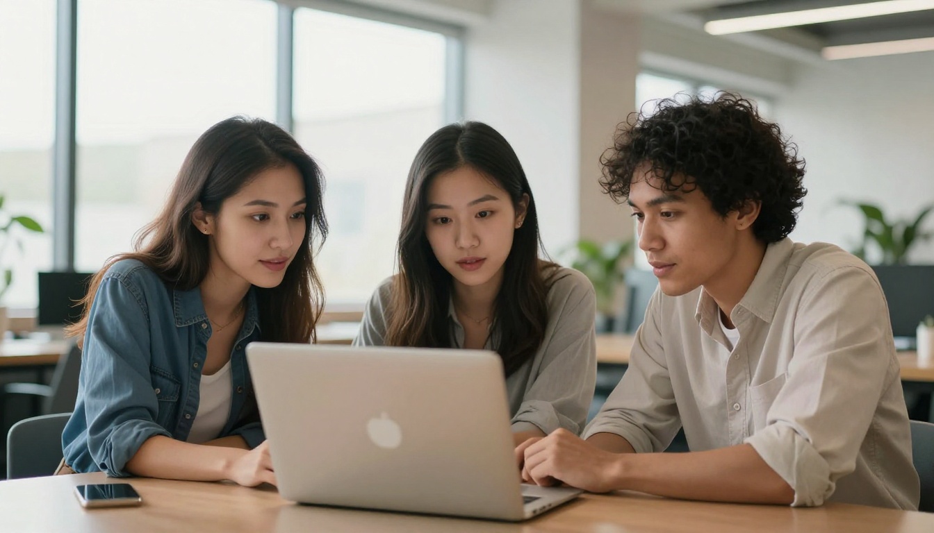 Three creative professionals collaborating around a laptop in modern coworking space